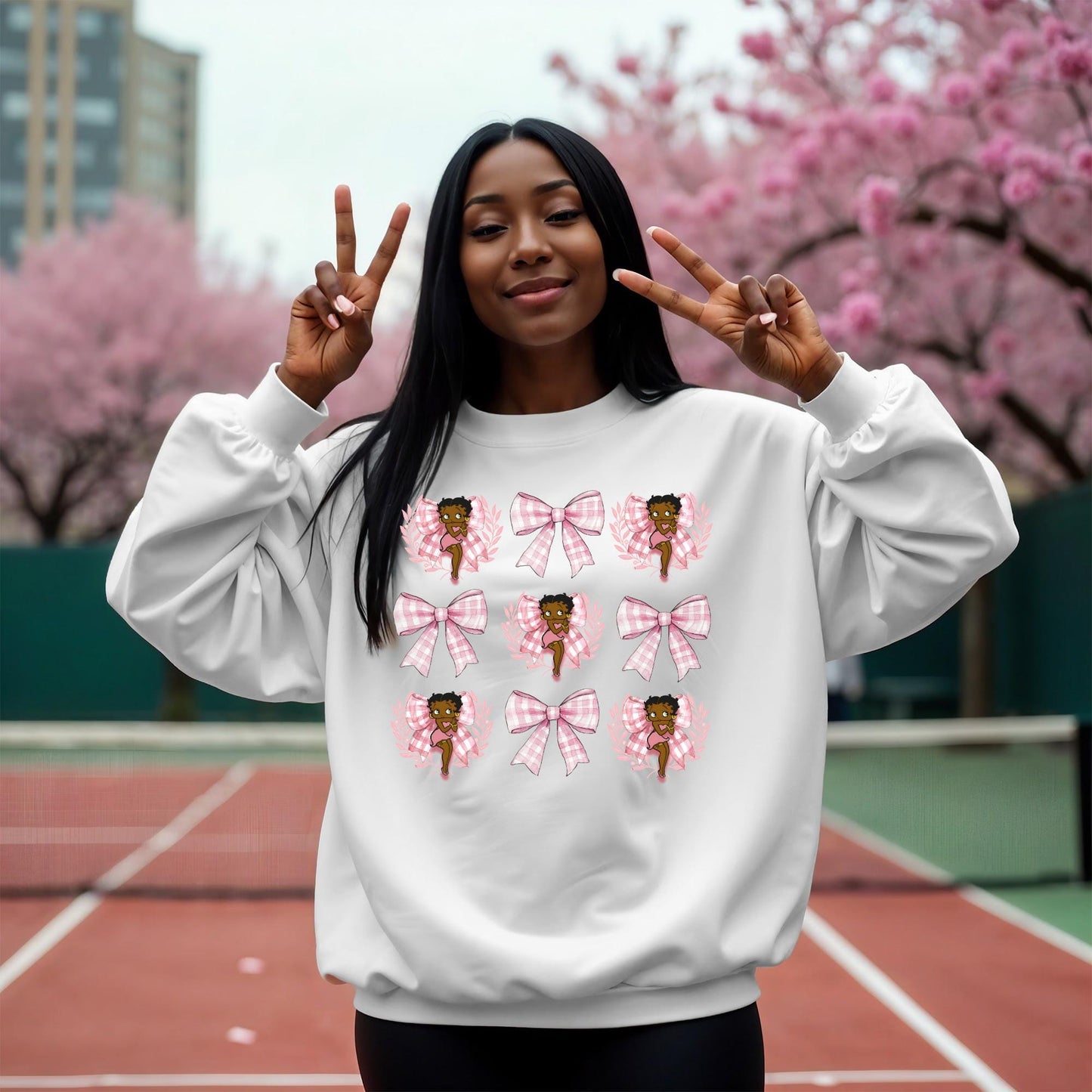 Betty Boop Floral Gingham Sweatshirt, Women's Cozy Holiday Apparel, Cute Gift, Spring Outfit, Casual Chic, Bow Design
