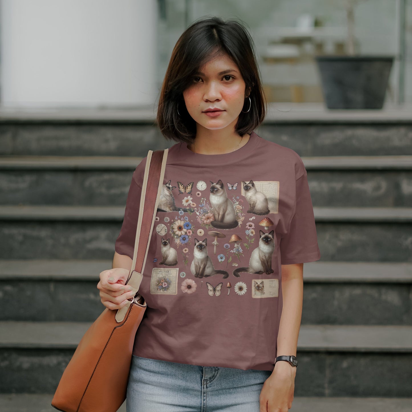 Comfort Colors Siamese Cats Shirt, Floral Vintage and Pressed Flower Aesthetic Tee, Mushrooms and butterflies, Cat Person Gift