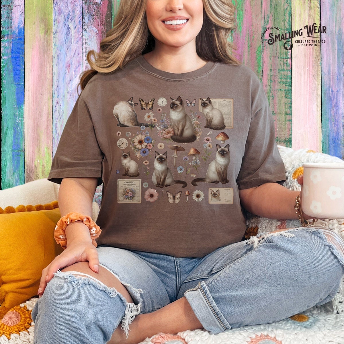 Comfort Colors Siamese Cats Shirt, Floral Vintage and Pressed Flower Aesthetic Tee, Mushrooms and butterflies, Cat Person Gift