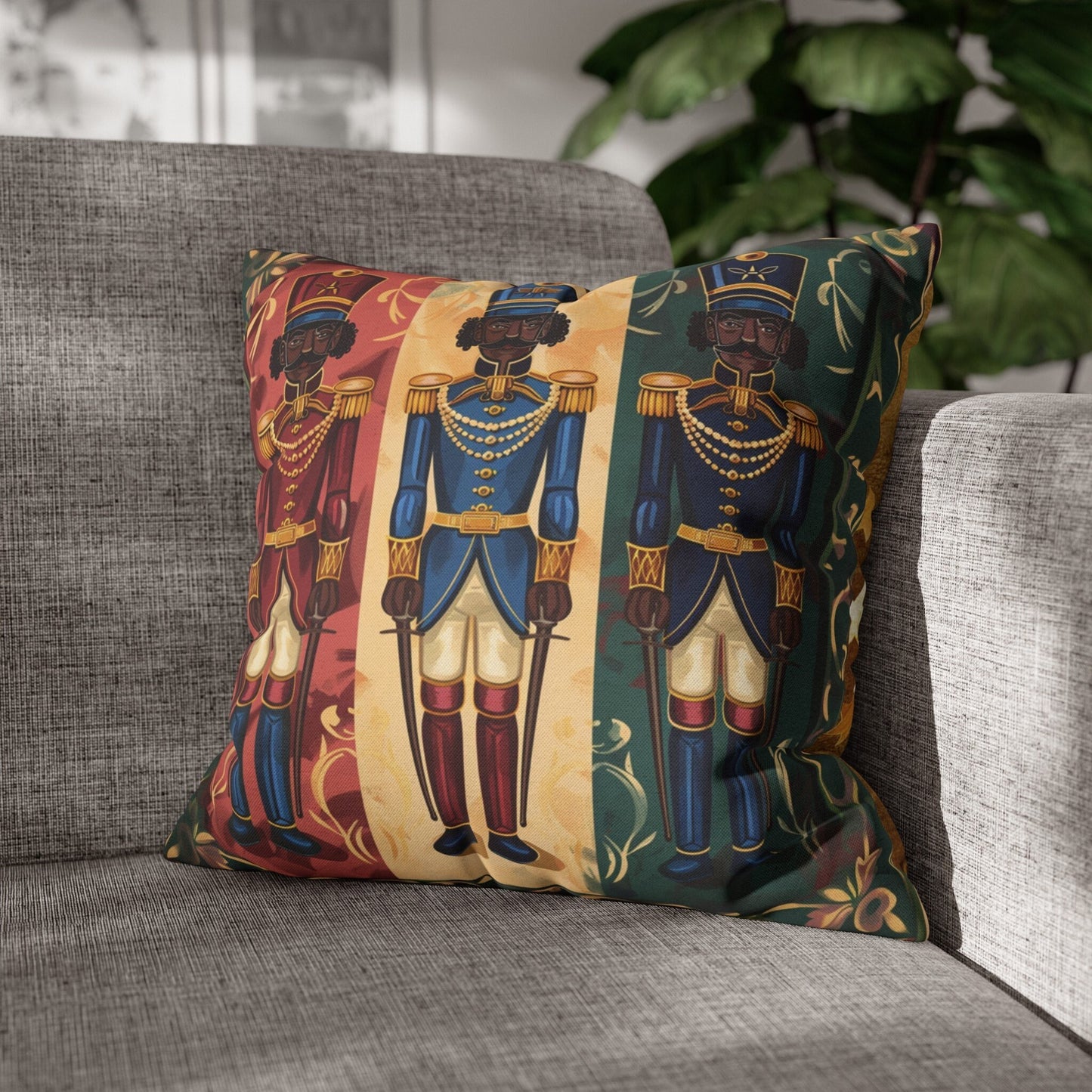 Black Nutcracker Christmas Pillowcase, Gold Star flip Side, Square Pillow Cover, African American Nutcracker