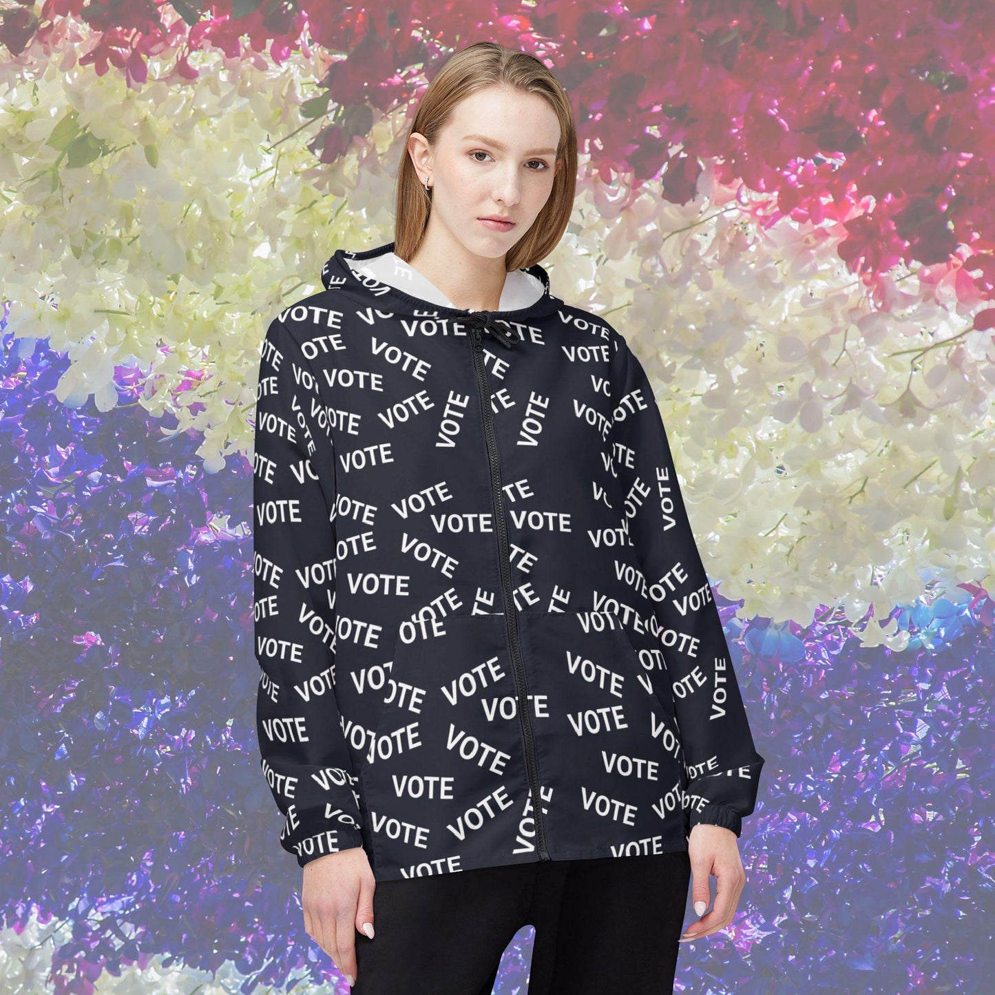 Vote Windbreaker Jacket with All-Over Print, Unisex Windbreaker, Political Statement Jacket