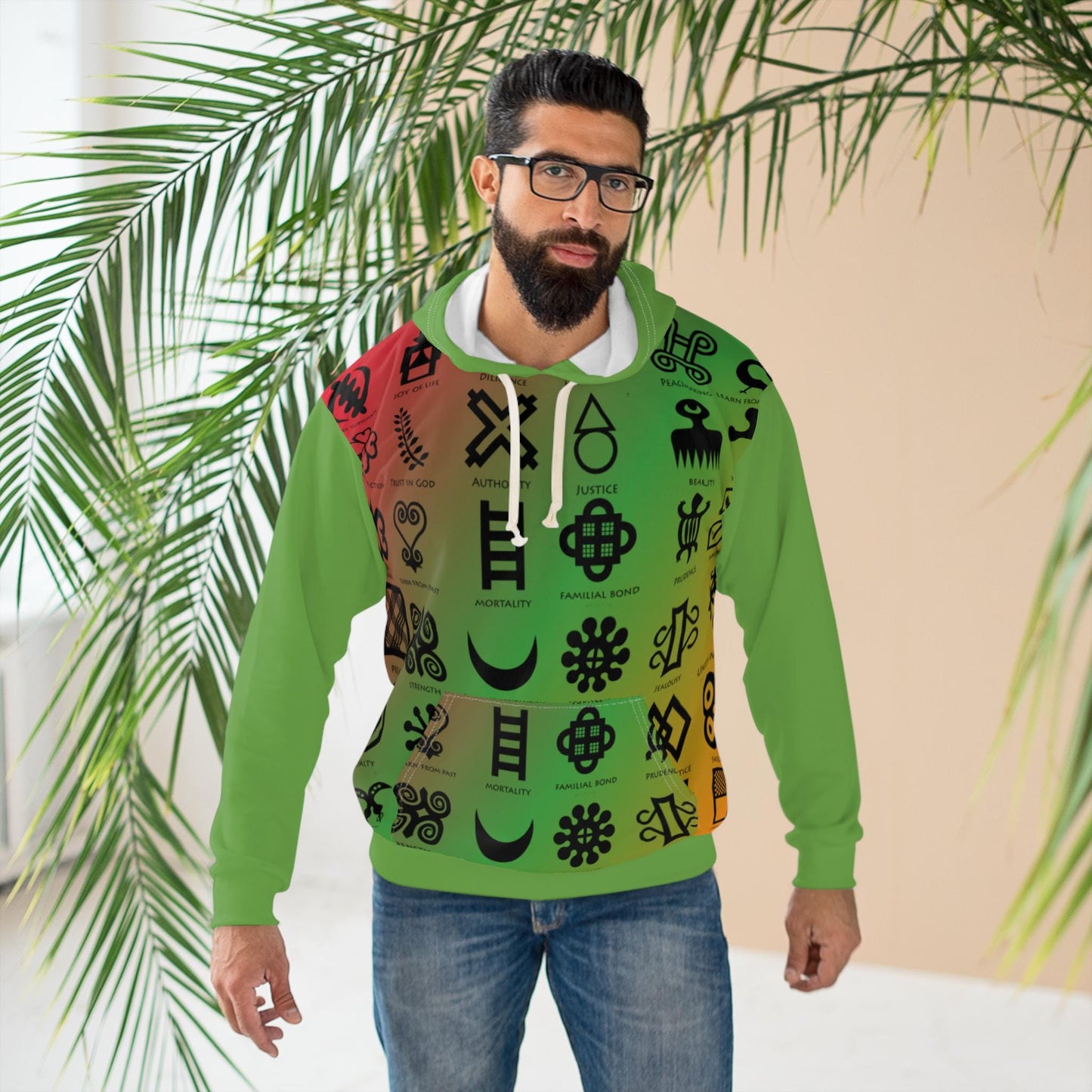 Adinkra Ghana Print Unisex Pullover Hoodie, Black History Month Sweatshirt, African Colors Athletic Jumper, Cultural Ethnic
