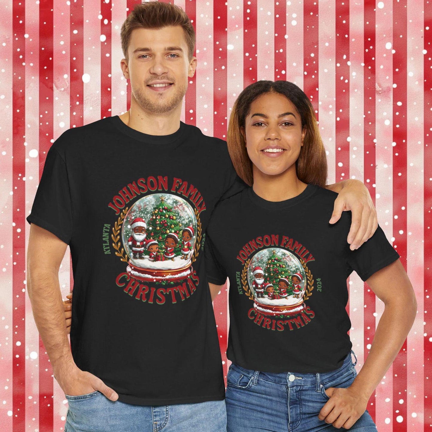 Personalized Christmas Tree T-shirt, Santa Claus and Elves Tee, Unisex Snow Globe ,Pj's pajamas top,Shirt Heavy Cotton Tee