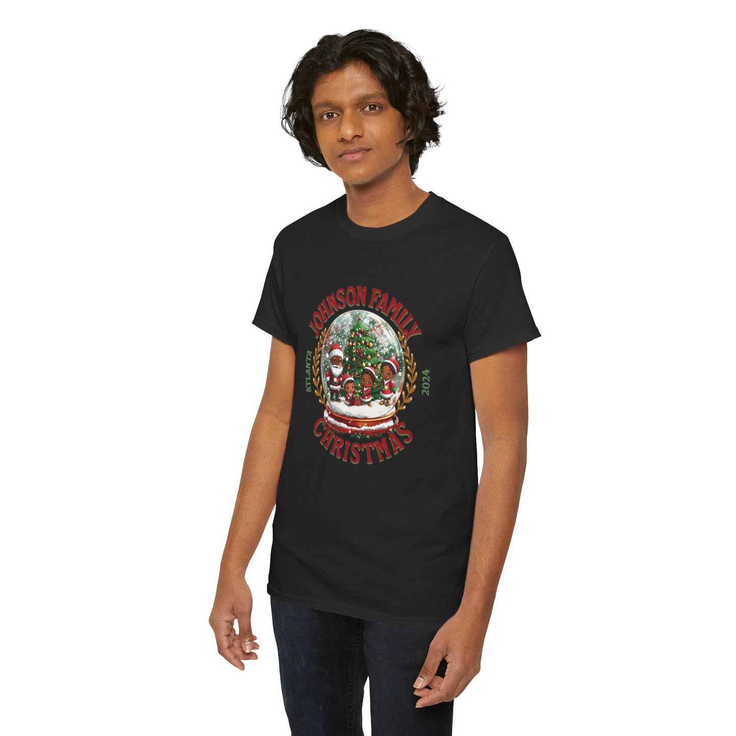 Personalized Christmas Tree T-shirt, Santa Claus and Elves Tee, Unisex Snow Globe ,Pj's pajamas top,Shirt Heavy Cotton Tee