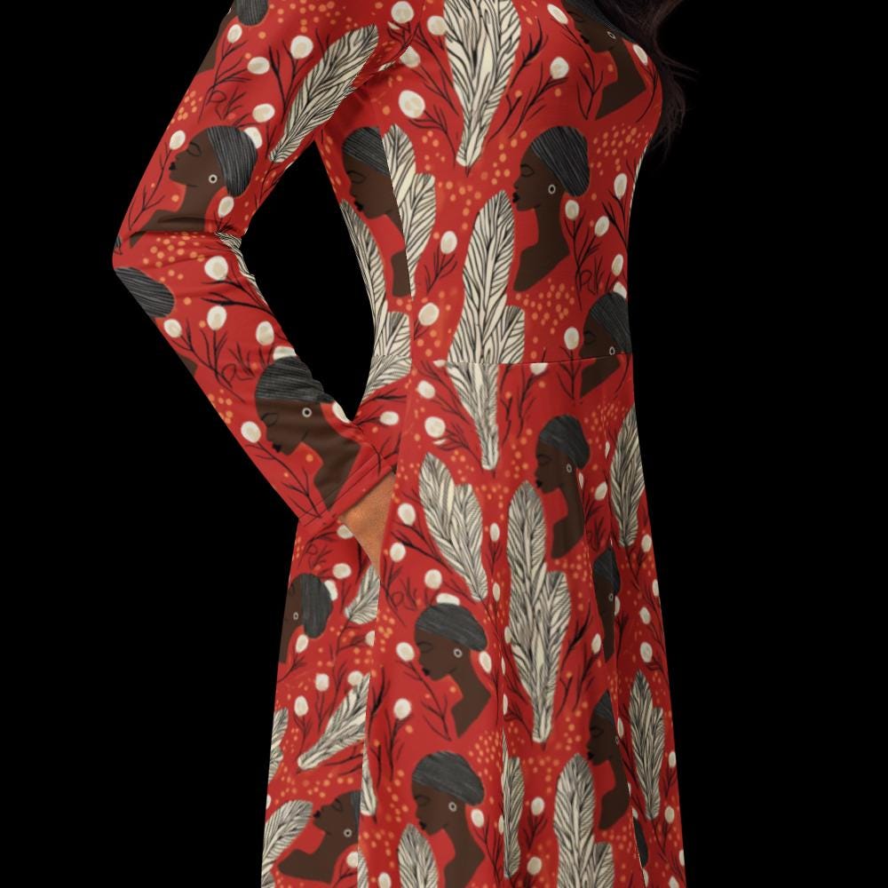 African Print Ankara Dress for Women, Afrocentric Party Dress, Unique African Fashion, Colorful All-over print long sleeve midi dress
