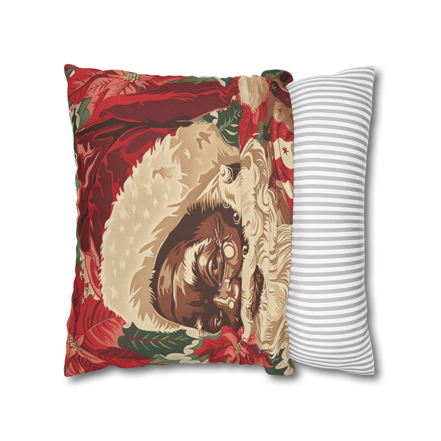 Black Santa Christmas Pillowcase, Botanical stripe Side, Square Pillow Cover, African American Santa