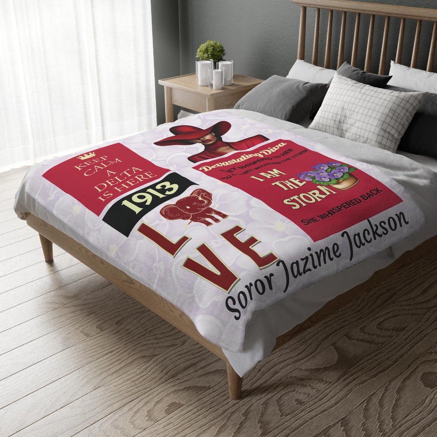 Velveteen Microfiber Blanket, Personalized Sorority Gift, Two-Sided Print, Cream and Crimson, 'You are the Storm', Perfect for Sisters,