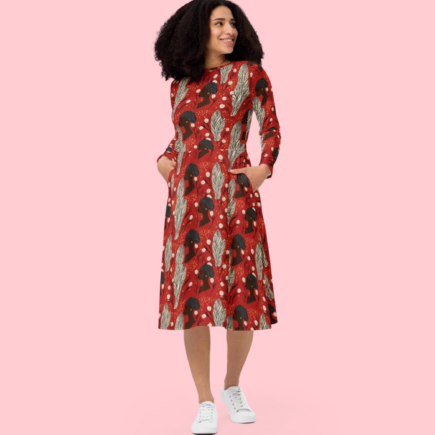 African Print Ankara Dress for Women, Afrocentric Party Dress, Unique African Fashion, Colorful All-over print long sleeve midi dress