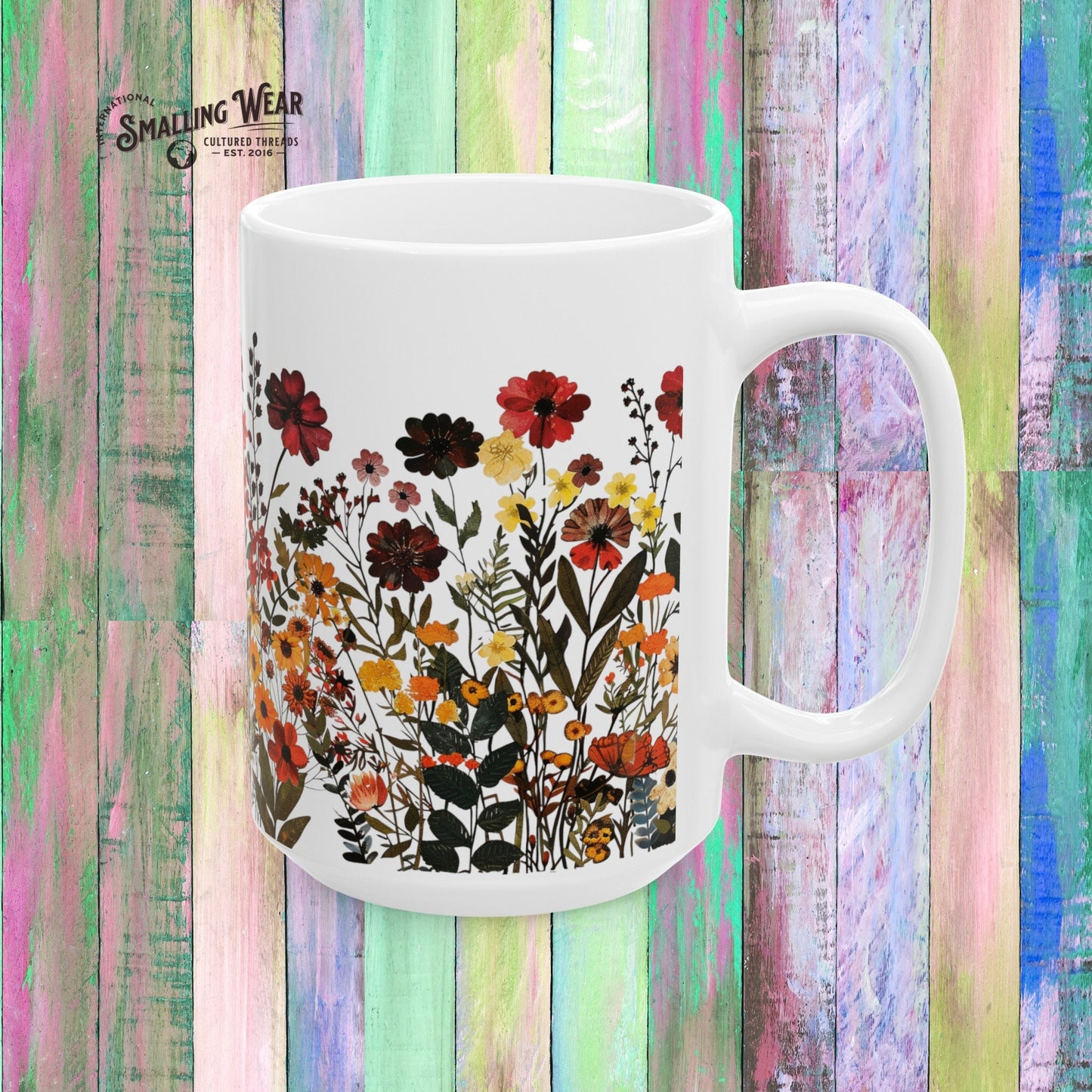 Pressed Flower Botanical White Ceramic Mug with Boho Watercolor Design, Nature Inspired Coffee Cup