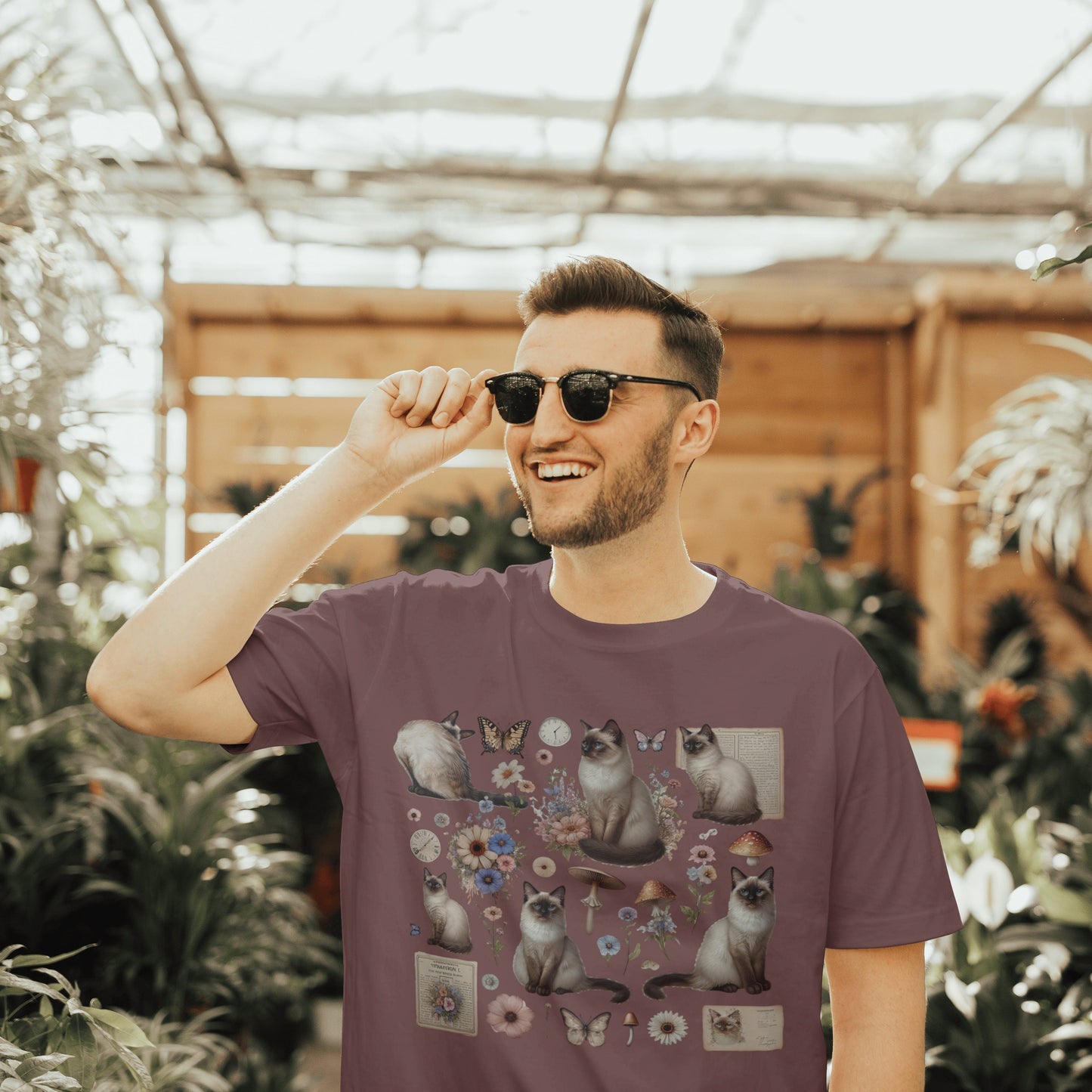 Comfort Colors Siamese  Cats Shirt, Floral Vintage and Pressed Flower Aesthetic Tee, Mushrooms and butterflies, Cat Person Gift
