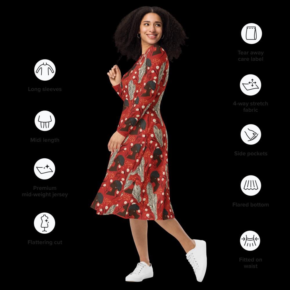 African Print Ankara Dress for Women, Afrocentric Party Dress, Unique African Fashion, Colorful All-over print long sleeve midi dress