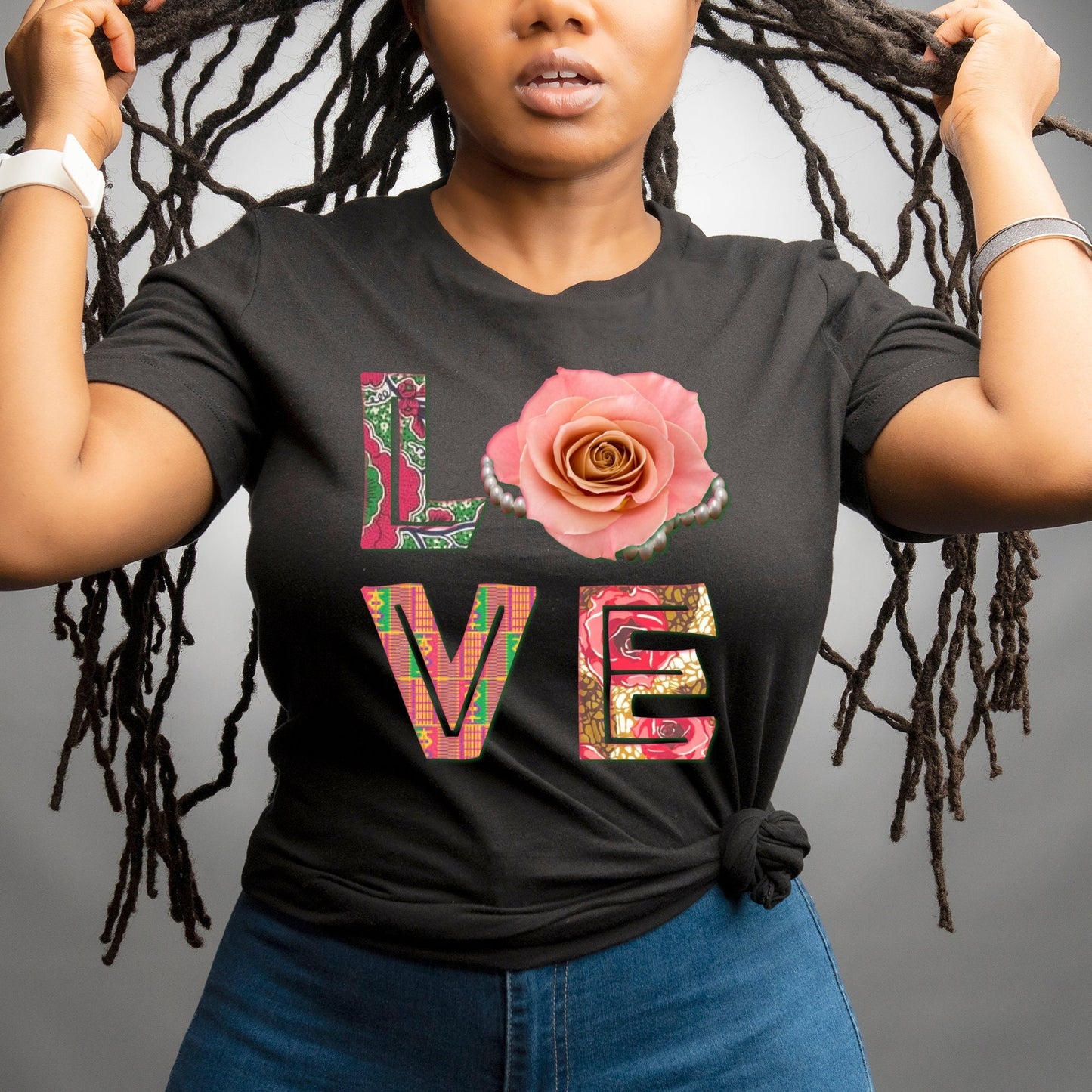 Afrocentric gift for her,Love Rose pink pearls Women’s basic organic t-shirt,