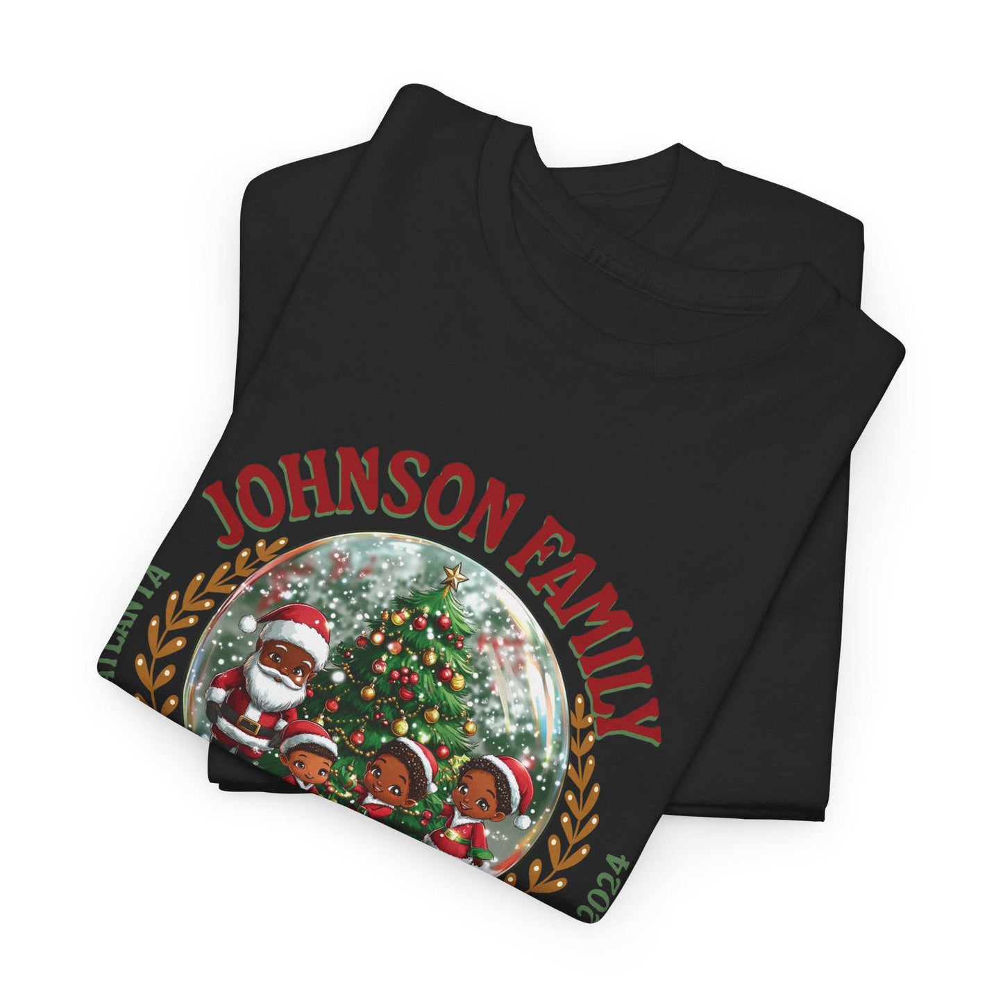 Personalized Christmas Tree T-shirt, Santa Claus and Elves Tee, Unisex Snow Globe ,Pj's pajamas top,Shirt Heavy Cotton Tee