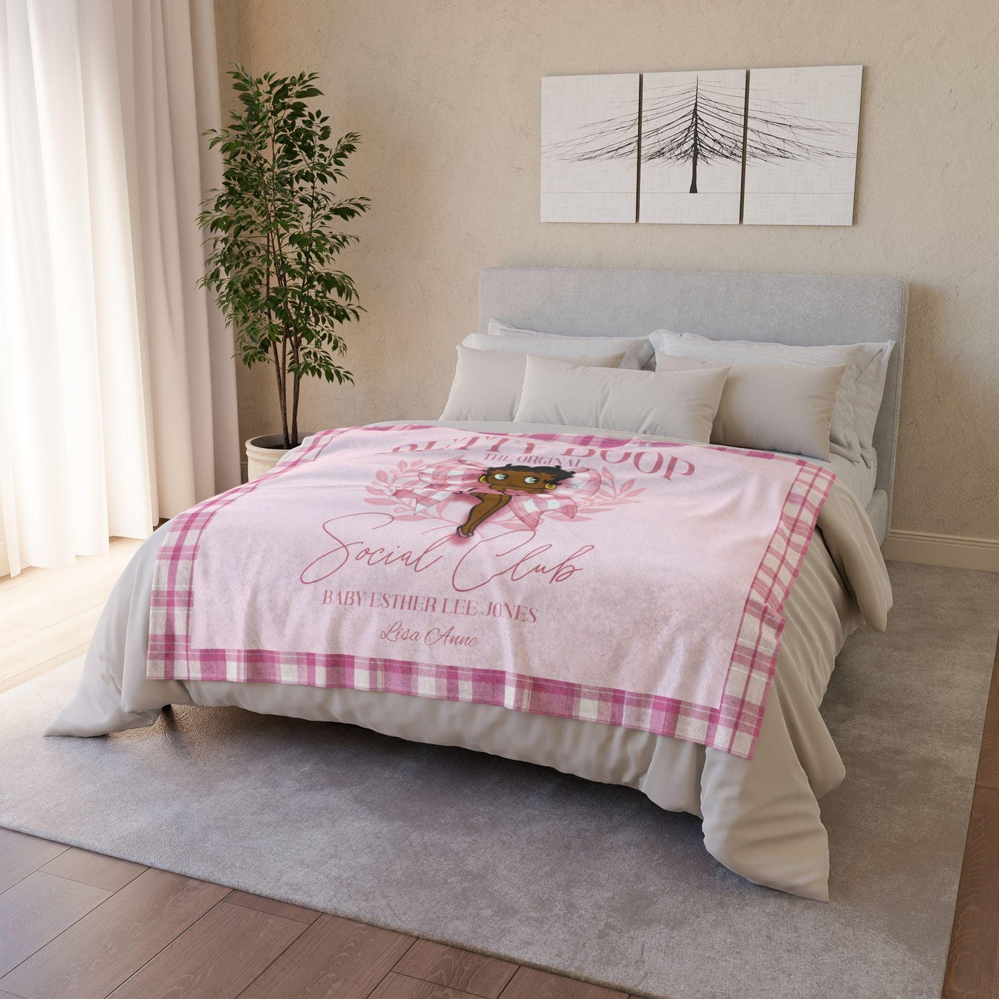 Betty Boop Social Club Personalized Blanket Throw Floral Soft Polyester Blanket Custom Blanket Gift, Cozy Throw  African American Betty Boop