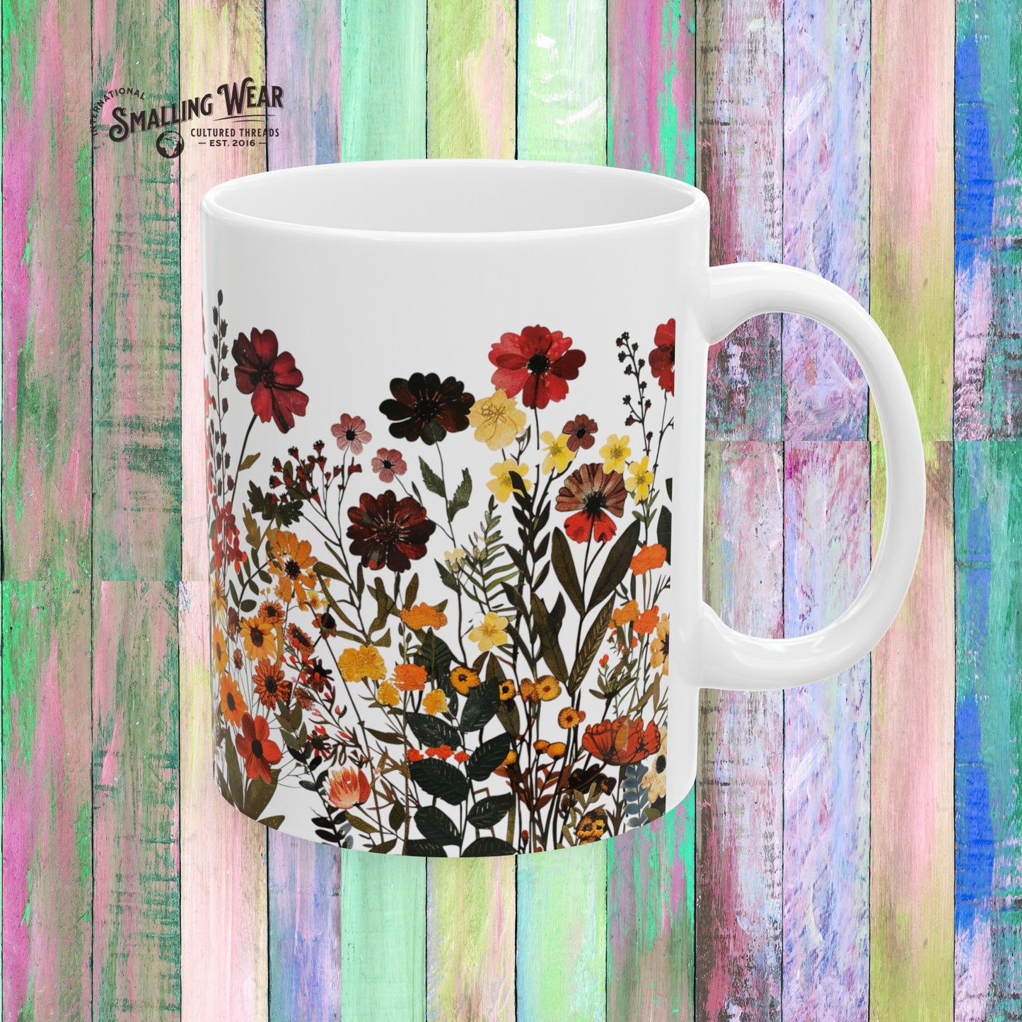 Pressed Flower Botanical White Ceramic Mug with Boho Watercolor Design, Nature Inspired Coffee Cup