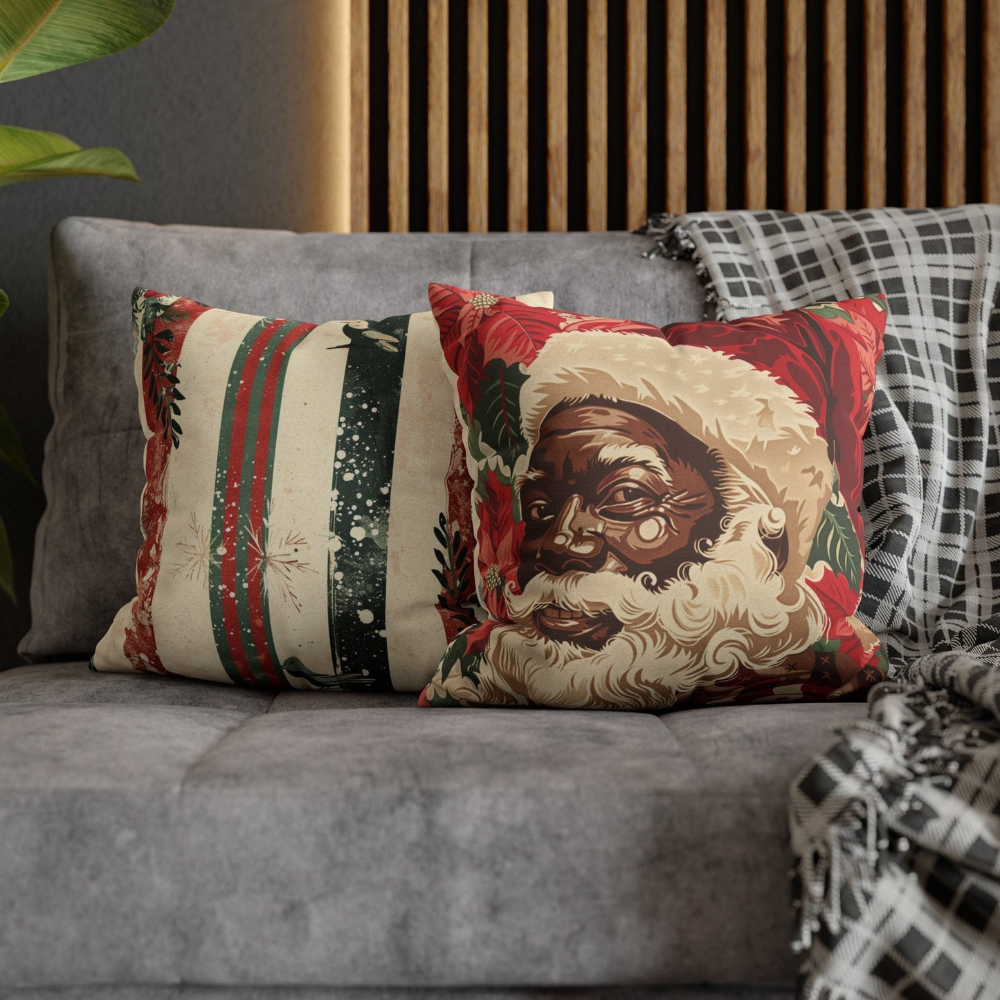 Black Santa Christmas Pillowcase, Botanical stripe Side, Square Pillow Cover, African American Santa